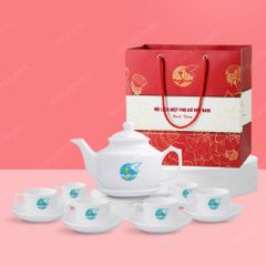 Quà tặng phụ nữ - Bộ ấm trà vuông thấp trắng in logo
