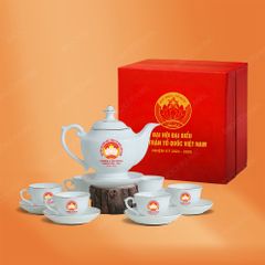 Quà tặng Đại hội đại biểu - Bộ ấm trà Đèn thần kẻ chỉ vàng in logo