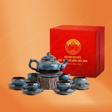 Quà tặng Đại hội Mặt trận - Bộ ấm trà Châu Sa bảo bình vân đá men hoả biến