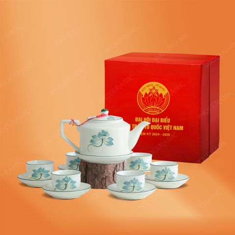Bộ ấm trà quai vuông men ngà sen xanh quà tặng Đại hội Mặt Trận Tổ Quốc