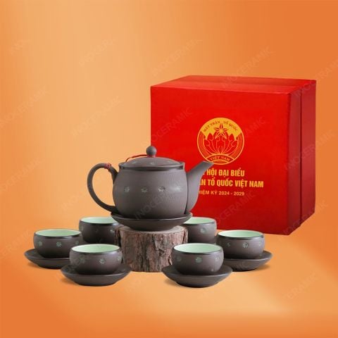 Bộ ấm trà Ngọc Khánh tử sa khắc hoa xanh quà tặng Đại hội Mặt Trận