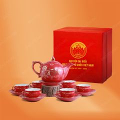 Bộ ấm trà Mẫu Đơn men đỏ sen vàng quà tặng Đại hội Mặt Trận MTTQ