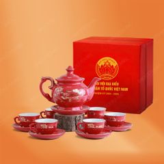 Bộ ấm trà Đài Các men đỏ sen vàng quà tặng Đại hội Mặt Trận Tổ Quốc MTTQ