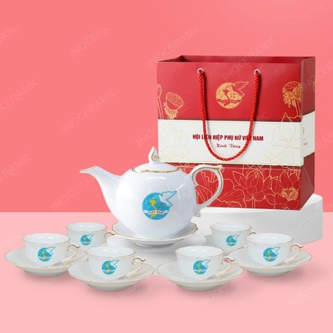 Quà tặng phụ nữ - Bộ ấm trà Mẫu Đơn trắng kẻ chỉ vàng in logo