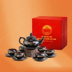 Bộ ấm trà Châu Sa bảo bình men hoả biến quà tặng Đại hội Mặt Trận Tổ Quốc