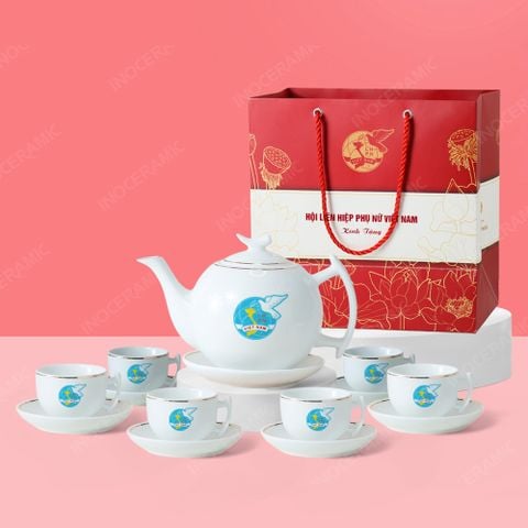 Quà tặng phụ nữ - Bộ ấm trà Bưởi cành trắng kẻ chỉ vàng in logo