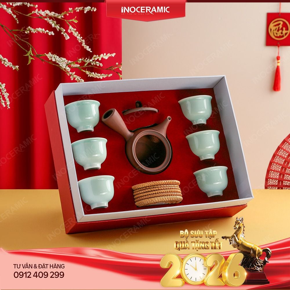 Bộ ấm tay ngang chén men ngọc An Thổ Túc – Quà Tết cao cấp sang trọng