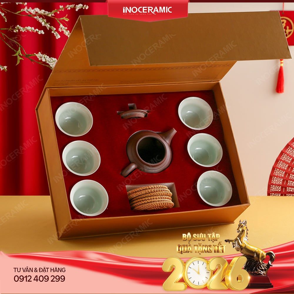 Bộ ấm chén trà Thổ Hoa chén men ngọc An Thổ Túc – Quà Tết cao cấp