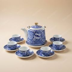 Bộ ấm trà Hoa mẫu đơn lam vẽ tay in logo