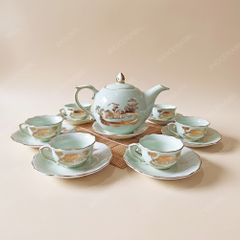 Bộ ấm trà Mẫu Đơn men ngọc Hào gia phú quý kẻ chỉ vàng