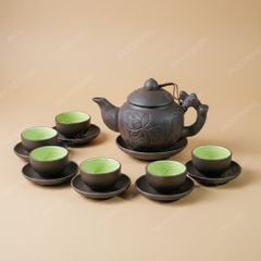 Bộ ấm trà tử sa đen hoa sen đắp nổi