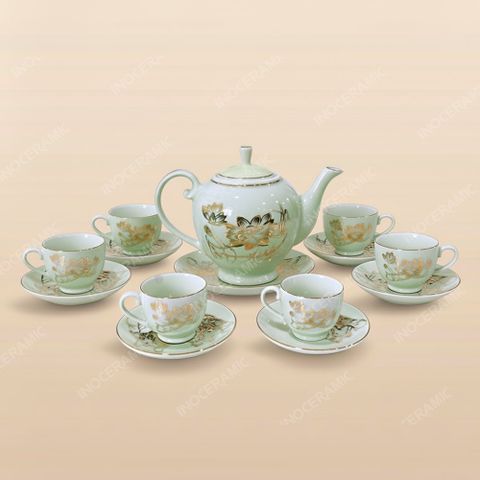 Bộ ấm trà Camelia men ngọc sen vàng kẻ chỉ vàng - Mẫu 03