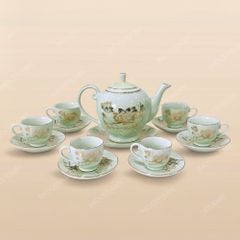 Bộ ấm trà Camelia men ngọc sen vàng kẻ chỉ vàng - Mẫu 03