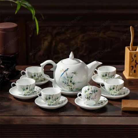 Bộ ấm chén nắp ngọn lửa Thanh Trúc Lam Điểu - Quà tặng in logo theo yêu cầu