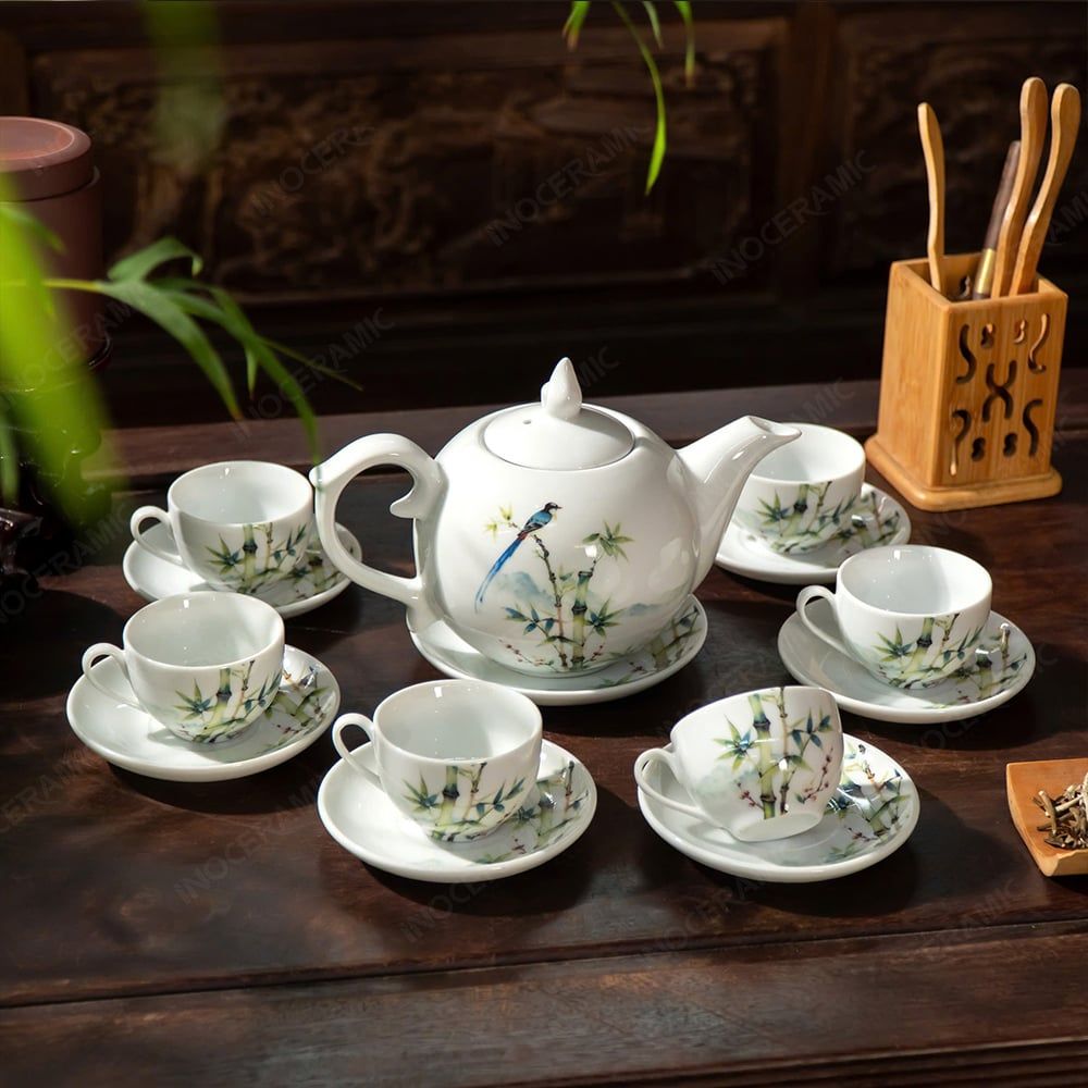 Bộ ấm chén nắp ngọn lửa Thanh Trúc Lam Điểu - Quà tặng in logo theo yêu cầu