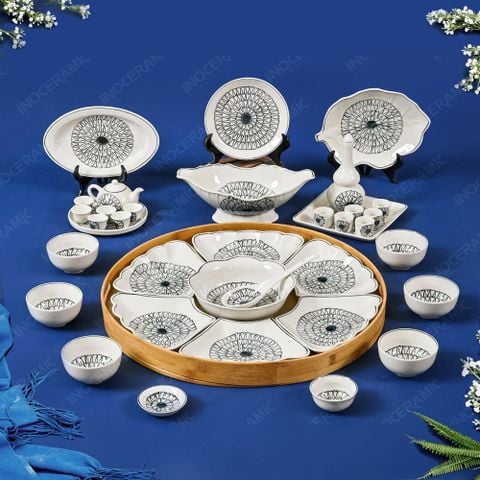 Bộ bát đĩa Hoa Mặt Trời, thờ cúng 37 món - Hoa tim đen vẽ tay