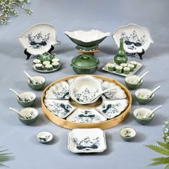 Bộ bát đĩa Hoa Mặt Trời, thờ cúng 44 món - Men xanh đồng - Sen đen vẽ tay