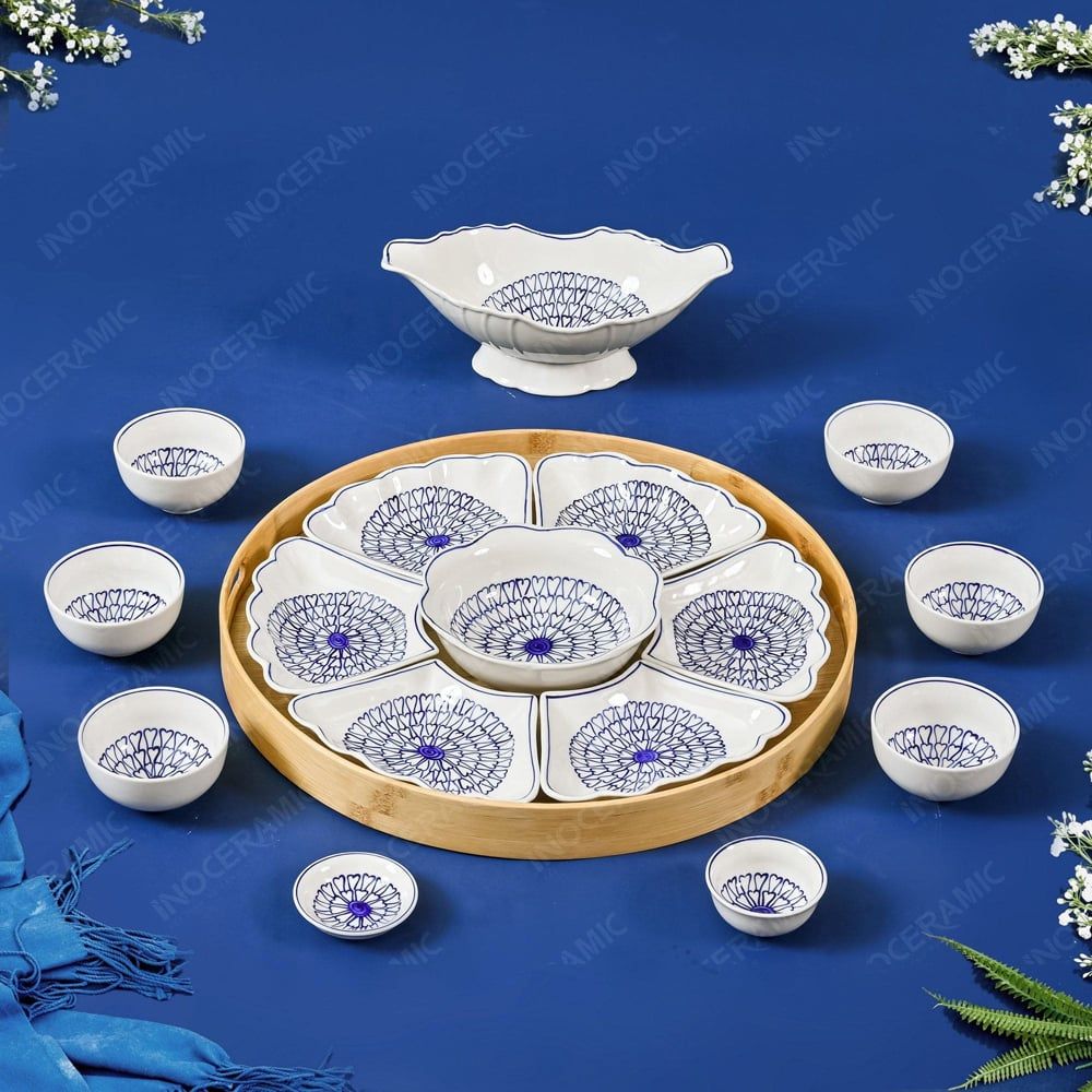 Bộ bát đĩa Hoa Mặt Trời, thờ cúng 17 món - Hoa tim xanh vẽ tay