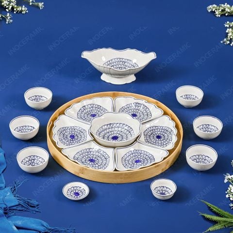 Bộ bát đĩa Hoa Mặt Trời, thờ cúng 17 món - Hoa tim xanh vẽ tay