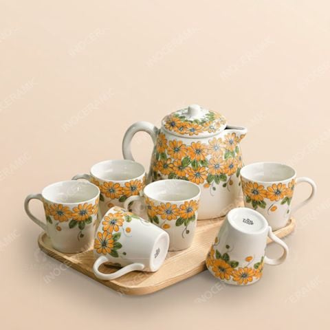 Bộ bình sứ đựng nước Indochine Cúc Dã Quỳ - Quà tặng gốm sứ Bát Tràng