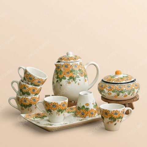 Bộ bình sứ đựng nước Indochine Cúc Dã Quỳ - Quà tặng gốm sứ Bát Tràng