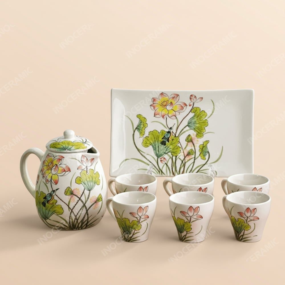 Bộ bình sứ đựng nước Indochine Liên Diệp - Gốm sứ Bát Tràng in logo