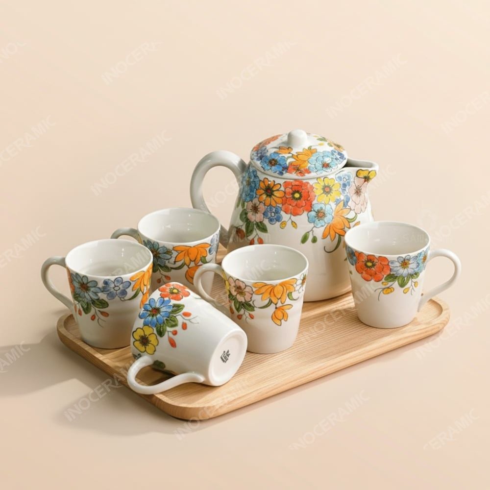 Bộ bình sứ đựng nước Indochine Bách Hoa gốm sứ Bát Tràng vẽ tay