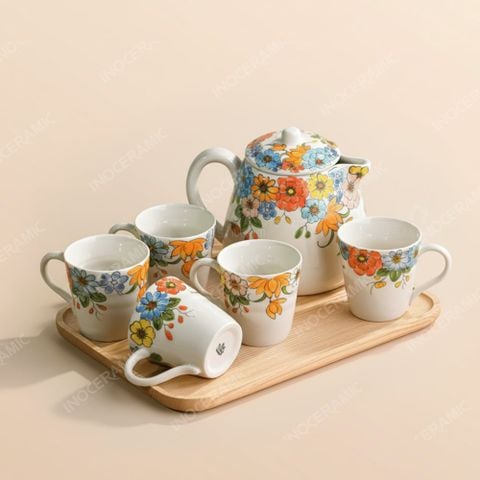 Bộ bình nước Indochine Bách Hoa vẽ tay gốm sứ Bát Tràng cao cấp