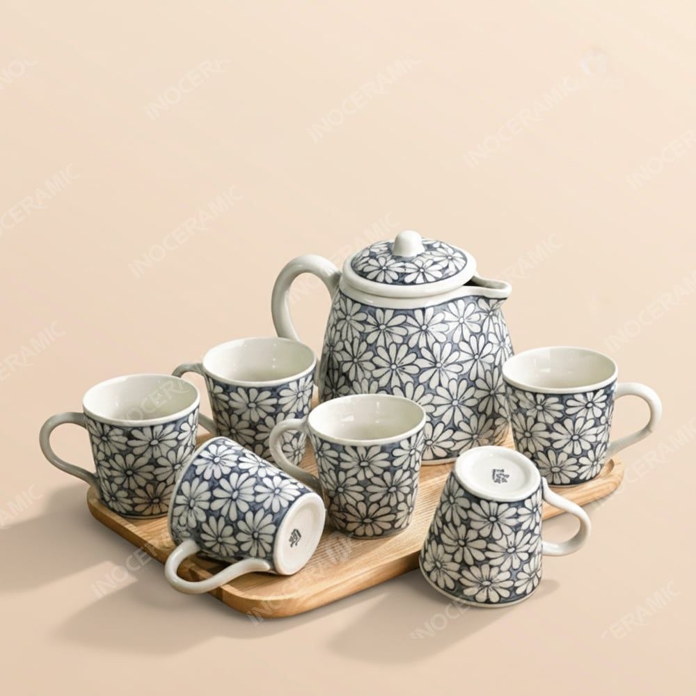 Bộ bình sứ đựng nước Indochine Cúc Hoạ Mi vẽ tay gốm sứ Bát Tràng