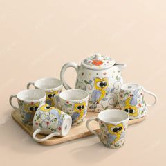 Bộ bình nước sứ dành cho văn phòng Indochine Chim Cú Mèo vẽ tay