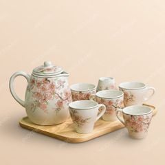 Bộ bình sứ đựng nước gốm sứ Bát Tràng vẽ Đào Hồng thủ công