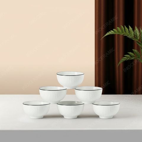 Combo 6 chén cơm sọc men trắng viền đen – Quà tặng in logo doanh nghiệp