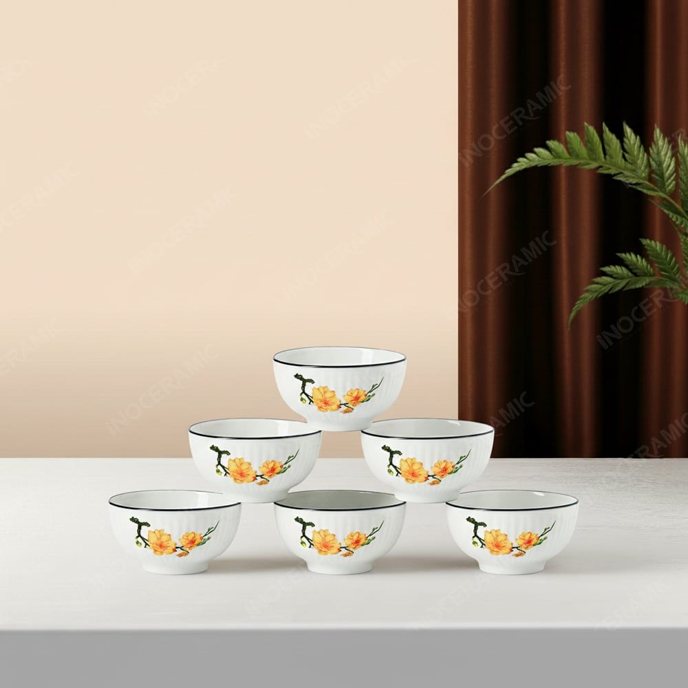 Bộ bát đĩa 6 chén cơm men sứ trắng sọc hoa mai - Quà tặng in logo