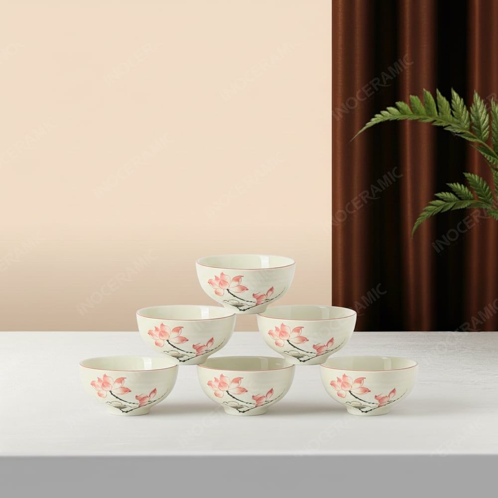 Bộ 6 chén cơm men sứ sen hồng - Quà tặng Bát Tràng cao cấp
