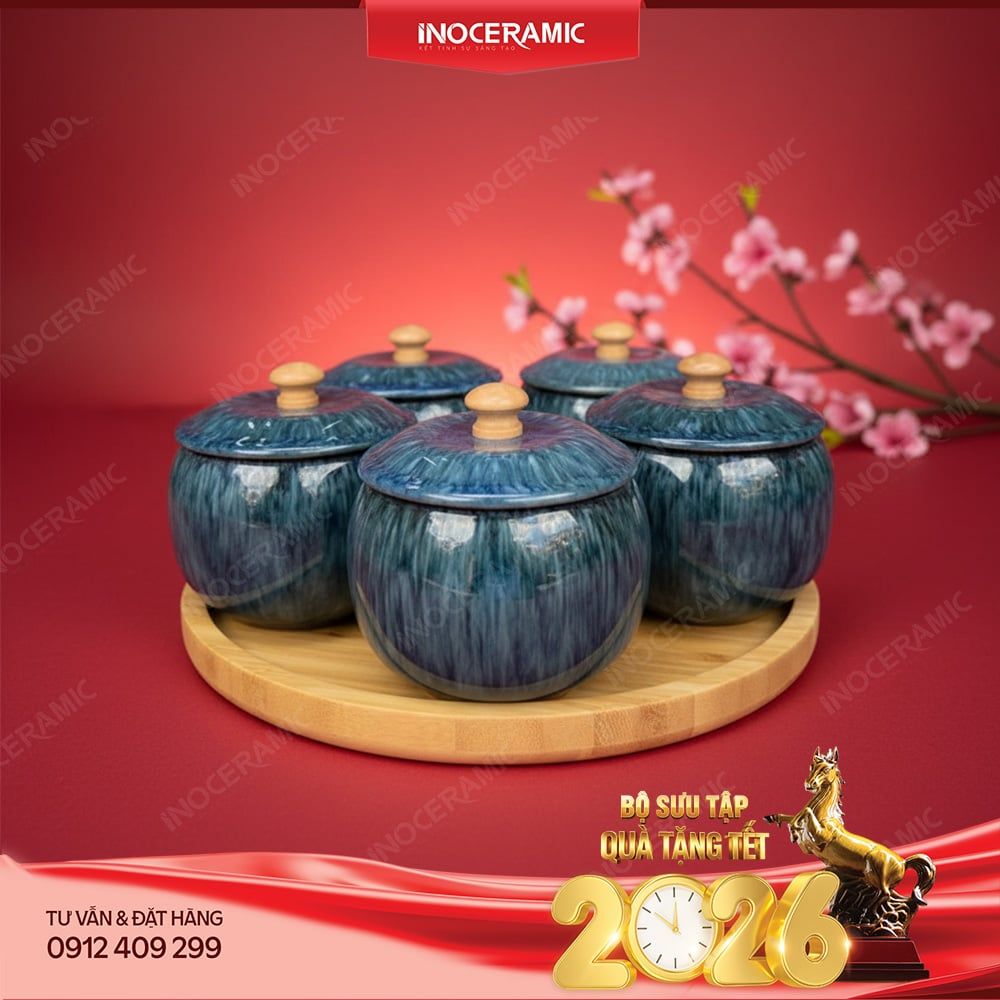 Bộ khay hũ mứt men lam ngọc hỏa biến Bát Tràng – Quà Tết cao cấp