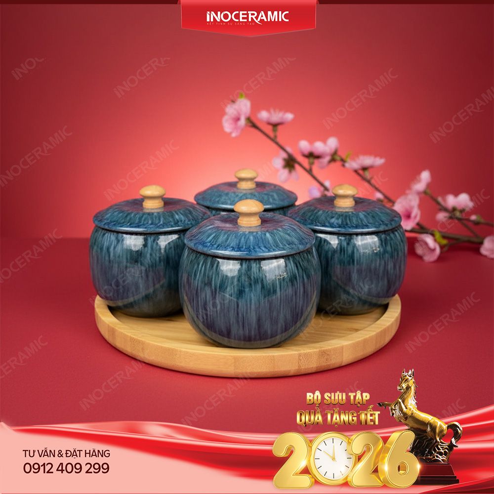 Bộ khay hũ mứt men lam ngọc hỏa biến Bát Tràng – Quà Tết cao cấp