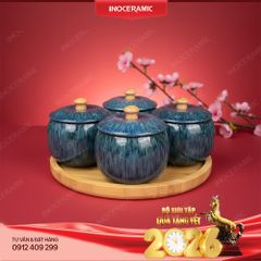 Bộ khay hũ mứt men lam ngọc hỏa biến Bát Tràng – Quà Tết cao cấp