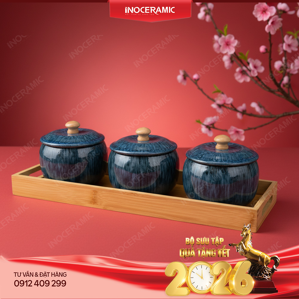 Bộ khay hũ mứt men lam ngọc hỏa biến Bát Tràng – Quà Tết cao cấp