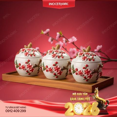 Bộ 03 hũ mứt hoa đào đắp nổi Bát Tràng – Quà Tết tinh hoa gốm Việt