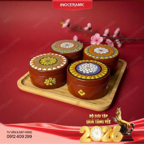Bộ 04 tráp sứ tròn đựng mứt Bát Tràng khắc nổi Thổ Cẩm – Quà Tết cao cấp