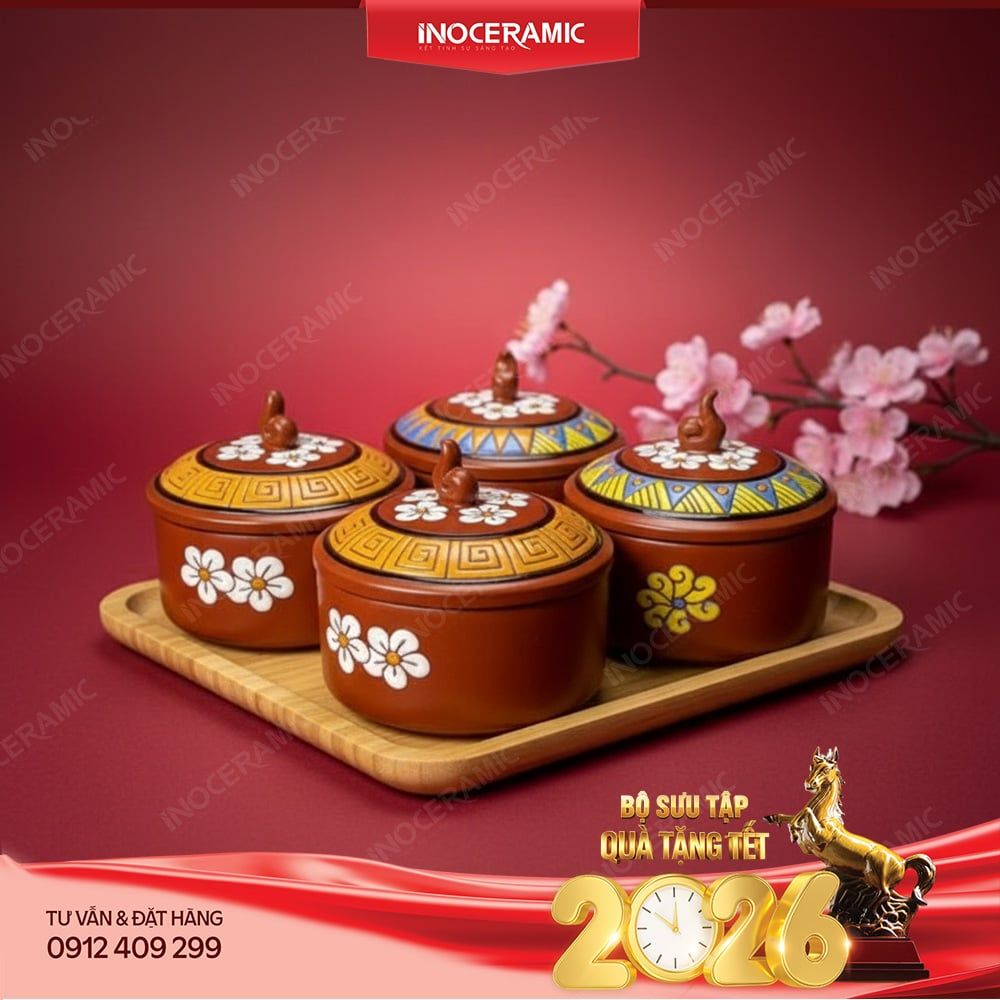 Bộ khay 04 hũ kẹo mứt nắp ngọn lửa gốm sứ Bát Tràng