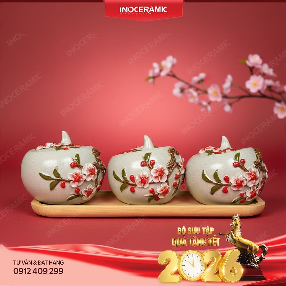 Bộ khay hũ mứt quả đào hoạ tiết hoa đào đắp nổi - Quà Tết gốm sứ Bát Tràng