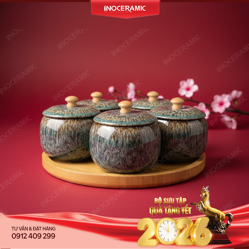 Bộ 05 hũ mứt men thạch nhũ hỏa biến Bát Tràng – Quà Tết sang trọng 2026