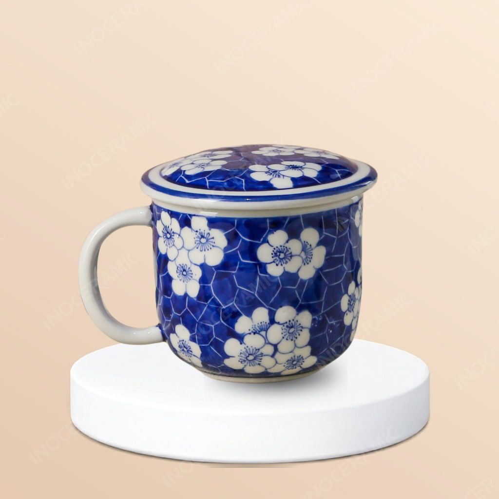 Cốc sứ hoa lam xanh cổ điển có nắp