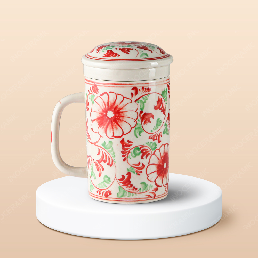 Ca (cốc) lọc trà sứ - Hoa dây vẽ tay in logo