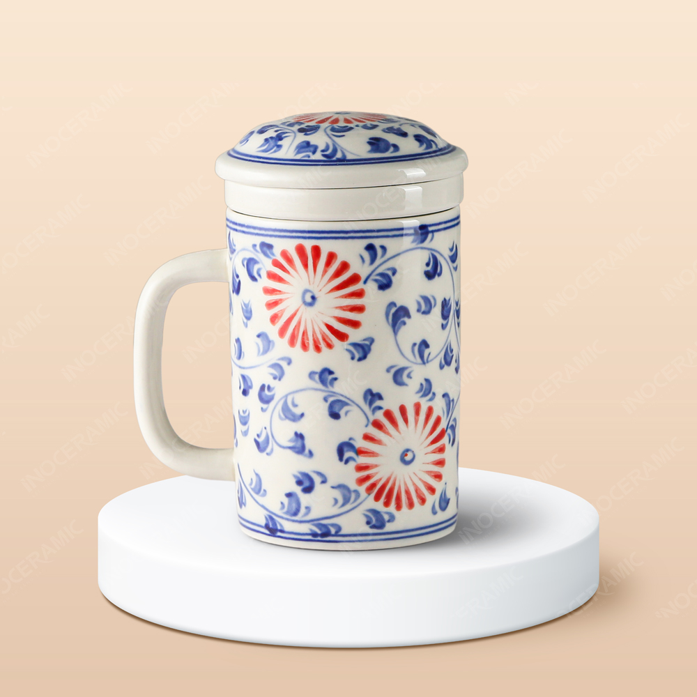 Ca (cốc) lọc trà sứ - Hoa cúc dây vẽ tay in logo