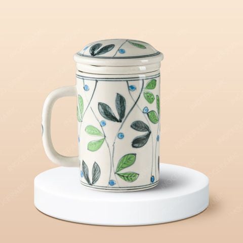 Ca (cốc) lọc trà sứ - Cỏ dại vẽ tay in logo