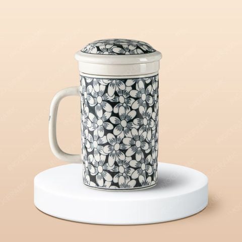 Ca (cốc) lọc trà sứ - Cúc hoạ mi vẽ tay in logo