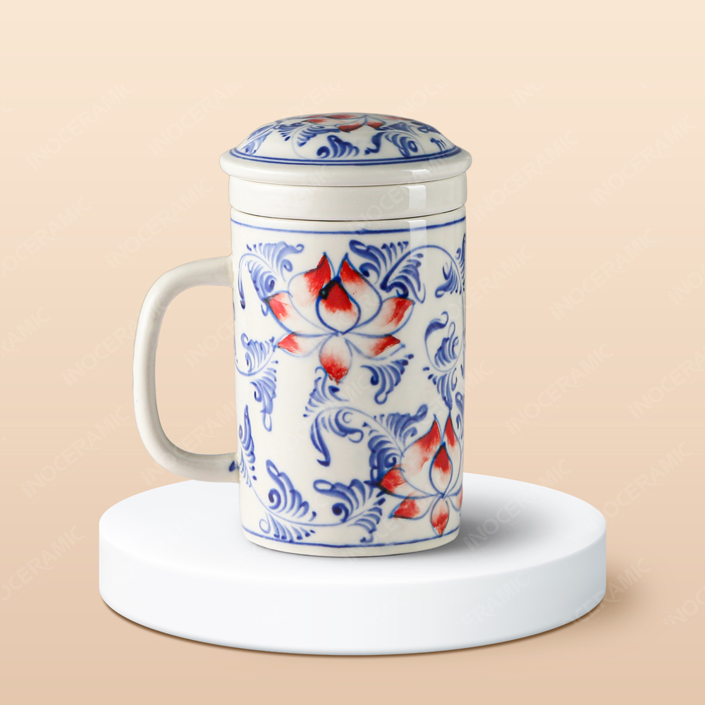 Ca (cốc) lọc trà sứ - Sen dây vẽ tay in logo