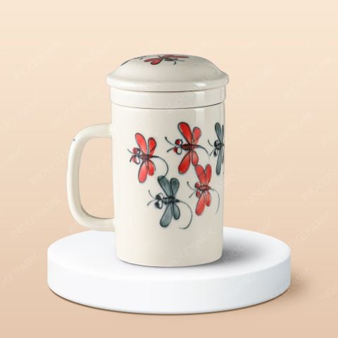 Ca (cốc) lọc trà sứ - Chuồn chuồn ớt vẽ tay in logo